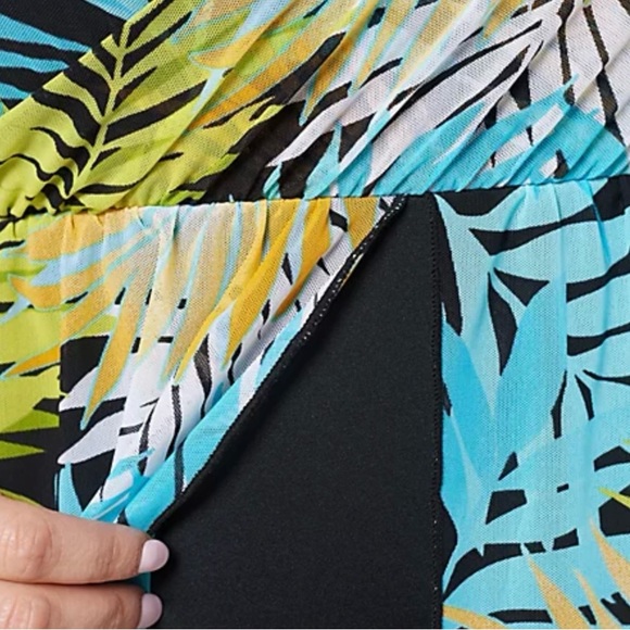 Denim & Co. Beach Printed V-Neck Surplice Swim Dress Black/Aqua/Palm Plus 20W - Picture 7 of 9